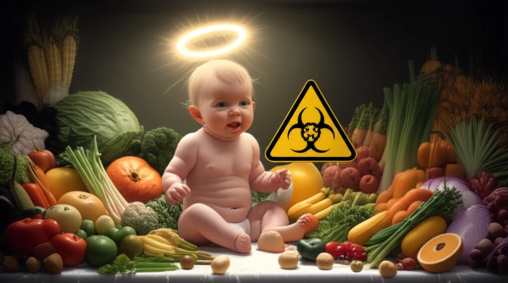 A digital illustration symbolizing baby food safety, with a baby surrounded by healthy food and a warning sign about toxins.
