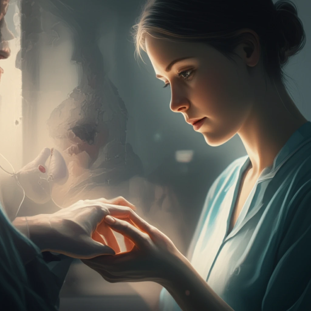 Illustration of a nurse offering support to a TB patient, emphasizing empathy and care.