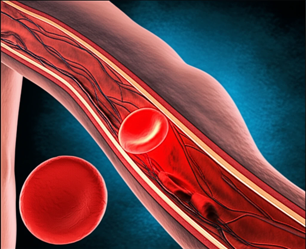 Illustration of a blood vessel with a blood clot inside, representing Deep Vein Thrombosis.