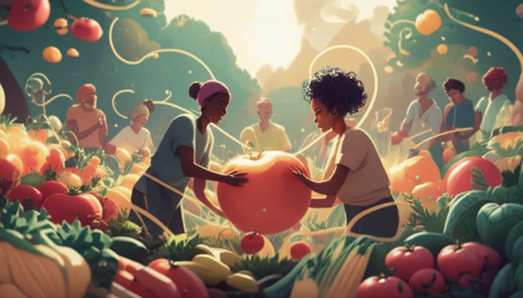 Illustration of community members working in a garden, symbolizing community health and empowerment.