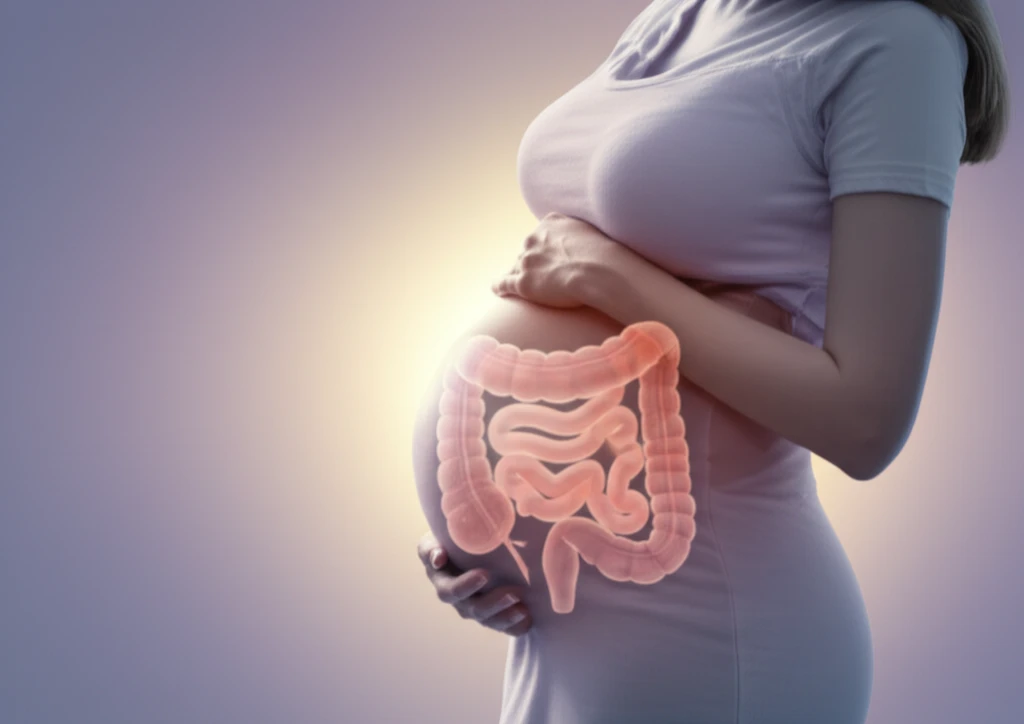Digital illustration depicting a pregnant woman with a glowing aura around her, symbolizing the protective effect of maternal care on a baby's health.