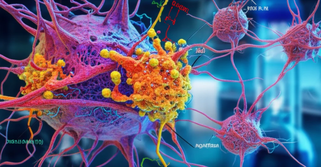 Illustration of a brain with microscopic view with the protein modifications associated with Alzheimer's disease, including plaques and tangles.