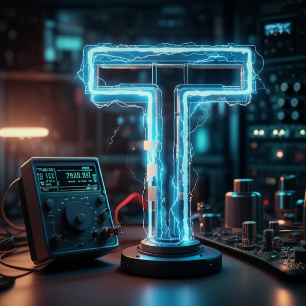 Illustration of a futuristic teraohmmeter with T-shaped feedback, displaying precise electrical measurements in a lab setting.