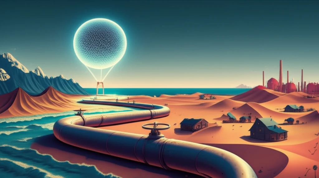 Stylized illustration of a natural gas pipeline across diverse landscapes, with a glowing orb of gas and representations of consumers.