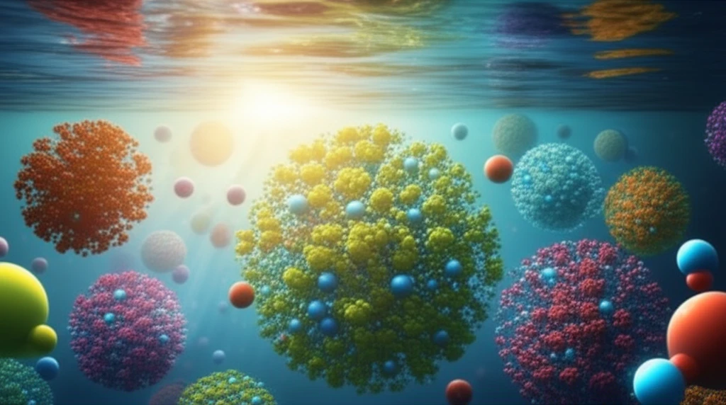 Illustration of Ga2O3-TiO2 nanocomposites breaking down herbicides in water, symbolizing environmental cleanup.