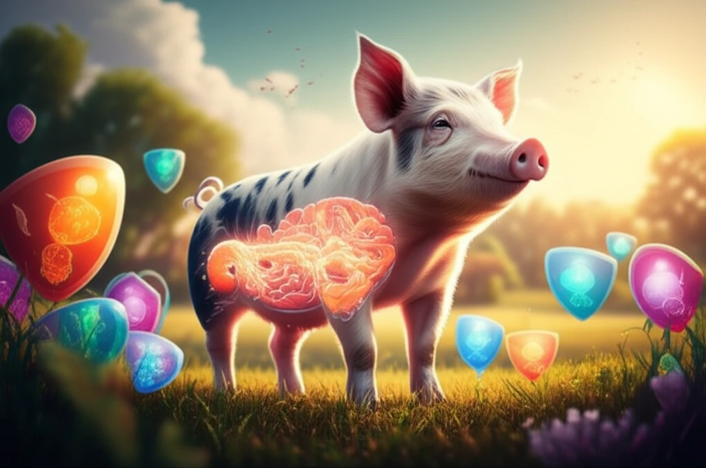 Illustration of a healthy piglet protected by mycotoxin binders, symbolizing improved gut health and growth.