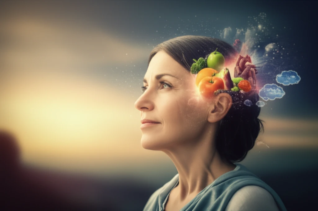 Digital illustration of a confident woman in her 50s, surrounded by symbols of health and well-being, representing a positive approach to menopause.