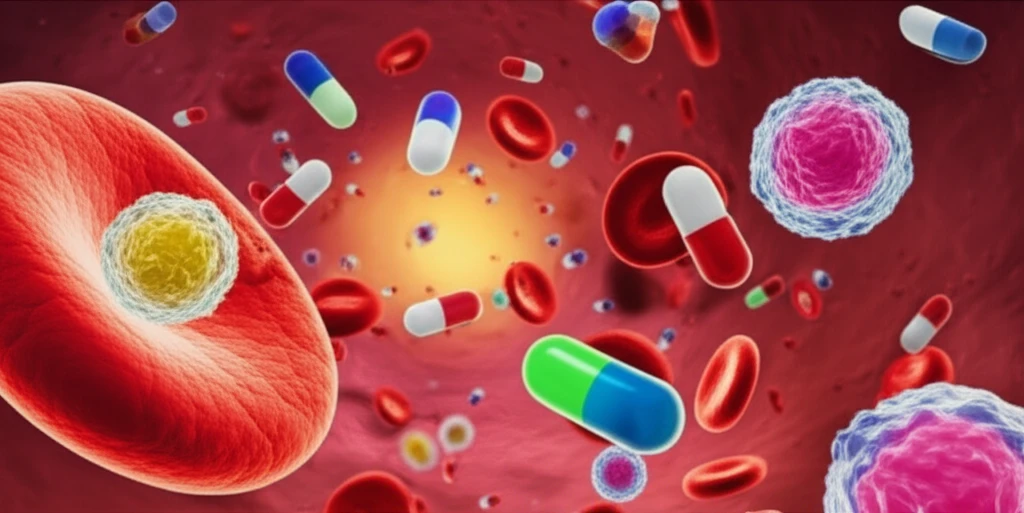Illustration of medical molecules interacting with blood cells