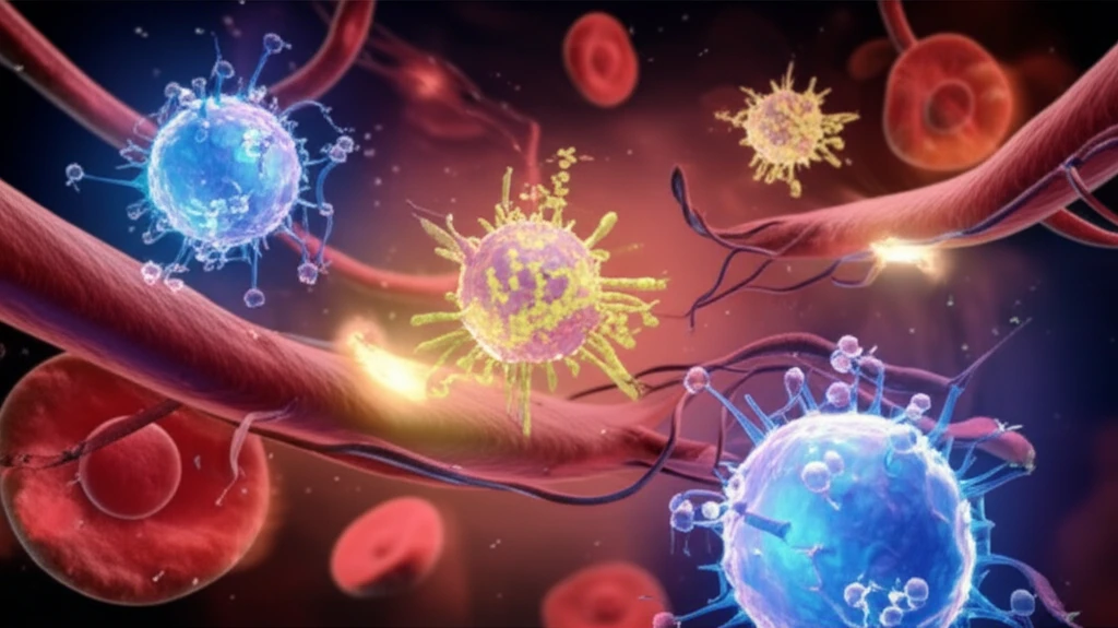 Illustration of cryptotanshinone interacting with colon cancer cells, showing angiogenesis and inflammation
