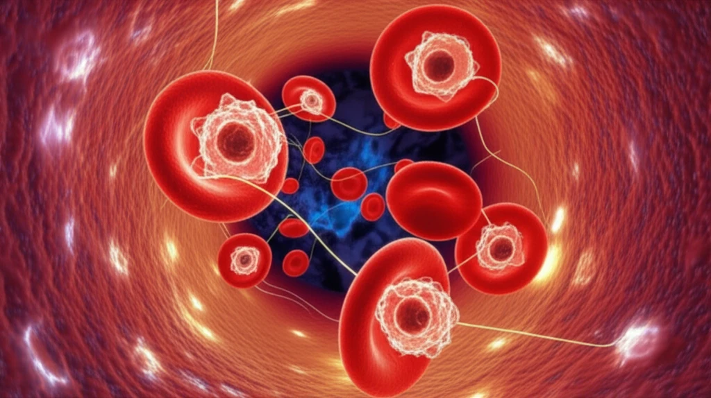 Illustration of lncRNAs within a blood vessel, highlighting their interaction with red blood cells and the cellular environment.