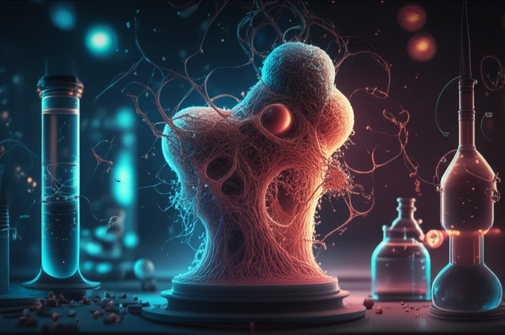 Illustration of an osteoblast cell building bone in a laboratory setting. The image is representing bone tissue engineering process