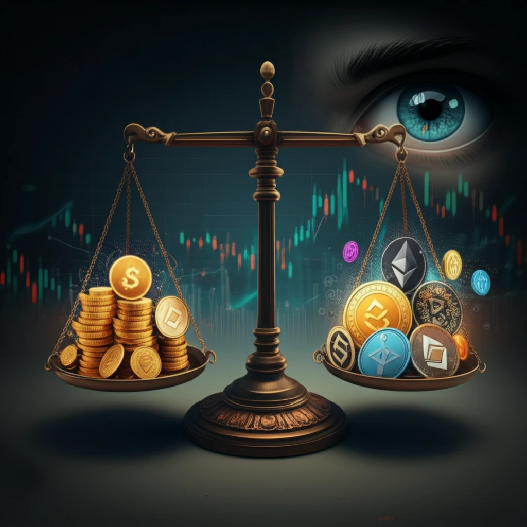 Illustration depicting the balance between traditional investments and digital assets, reflecting regulatory oversight in a financial market setting.