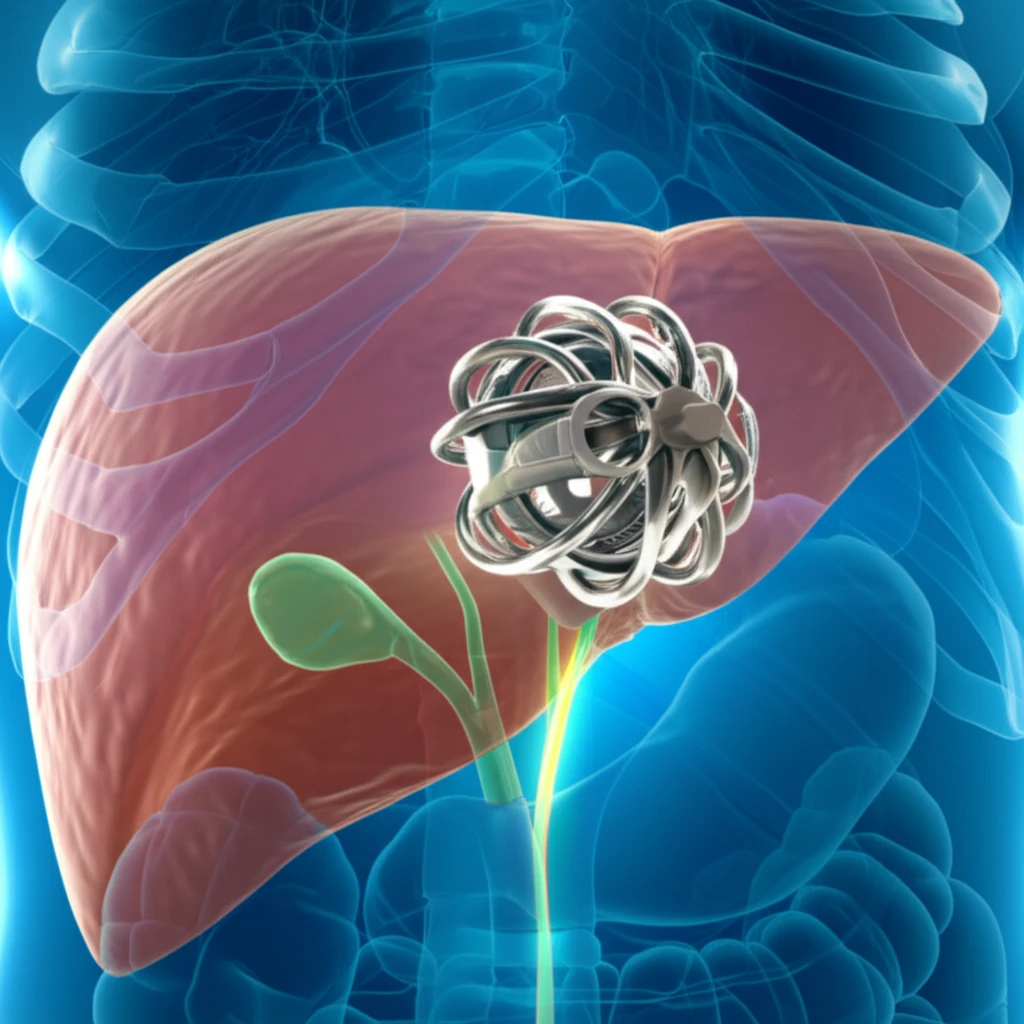 Digital illustration of an AVP in a liver, highlighting medical innovation.