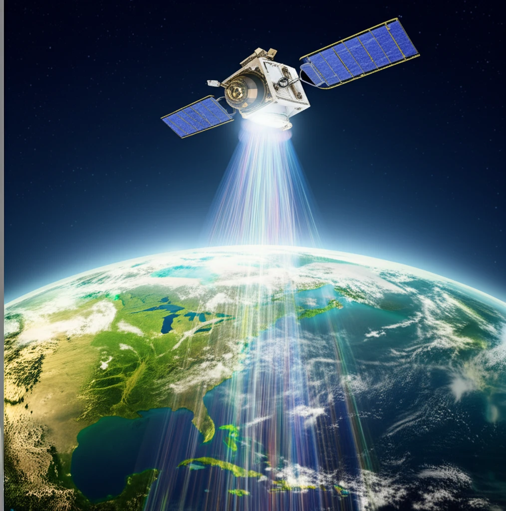 Illustration of a satellite beaming data to Earth, depicting climate change analysis.