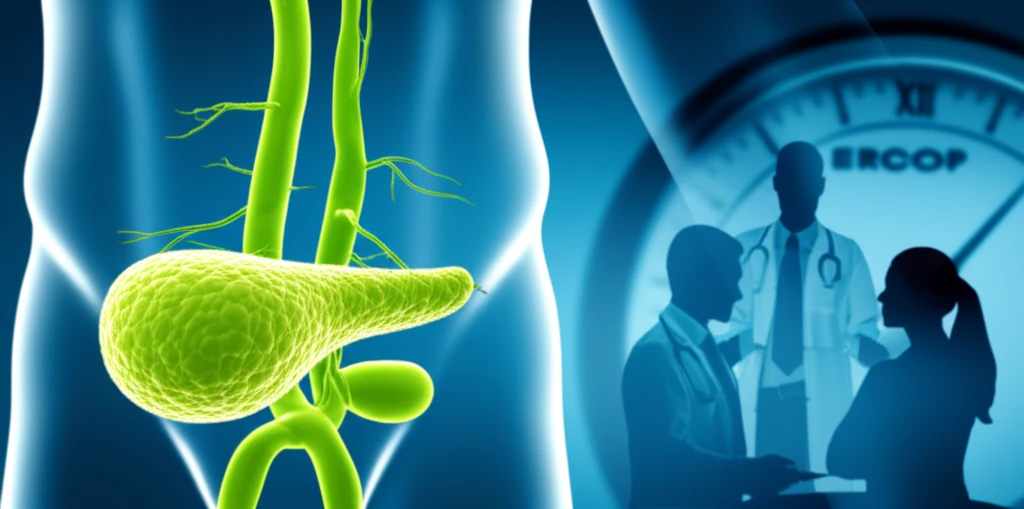 Illustration of ERCP and cholecystectomy procedures, with the time as focus. The image highlights the gallbladder and bile ducts, the central medical procedures in a patient's body.