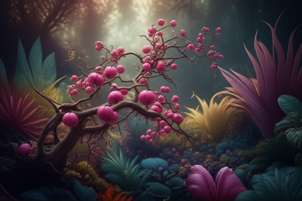 Digital illustration of a Schinus plant branch with pink peppercorns, symbolizing plant evolution.