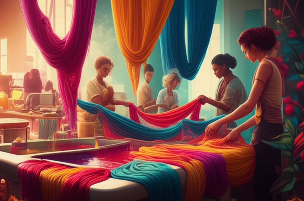 Illustration of a textile workshop, showcasing the sustainable dyeing process with natural dyes and chitosan-cyanuric chloride, emphasizing the eco-friendly approach and vibrant results.