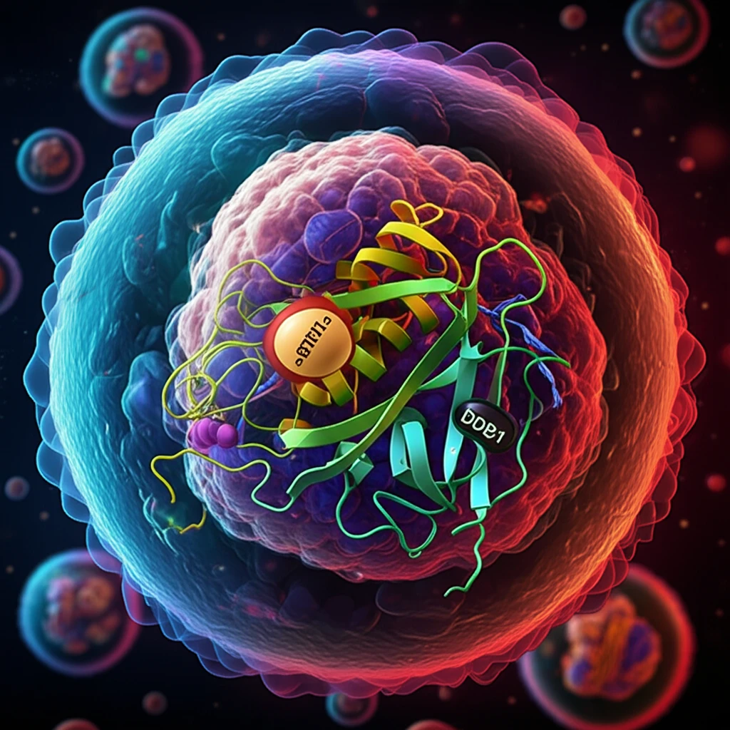Illustration of a cell with SIRT7 highlighted, showcasing the protein's role in cellular regulation and potential in cancer treatment.