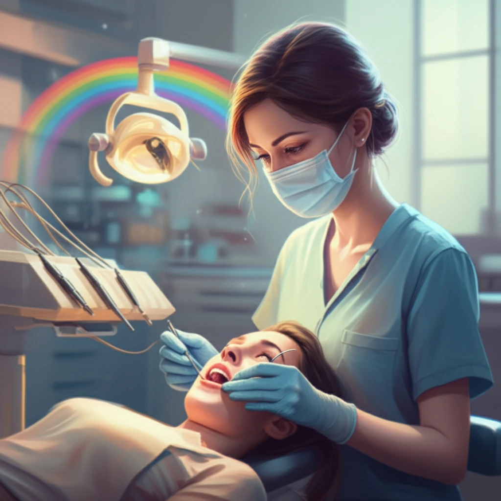 A digital illustration of a dental student providing care to a patient with HIV, symbolizing compassionate and informed dental care.