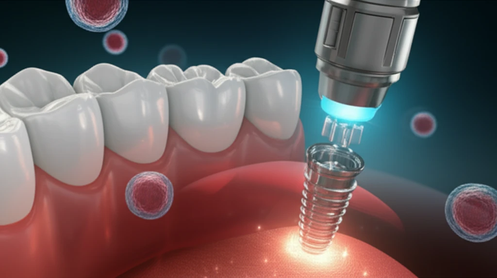 Illustration of a dental implant procedure, showcasing the reverse spiral flute implant design and bone regeneration process