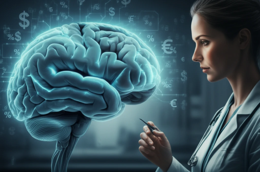 Illustration of a brain representing the future of neurology with pathways and financial symbols