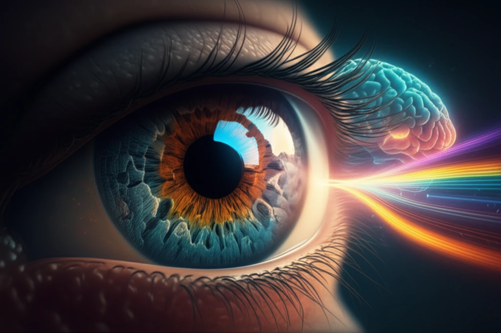 An artistic representation of the human eye, showcasing the ON and OFF pathways, and the brain's role in visual processing.