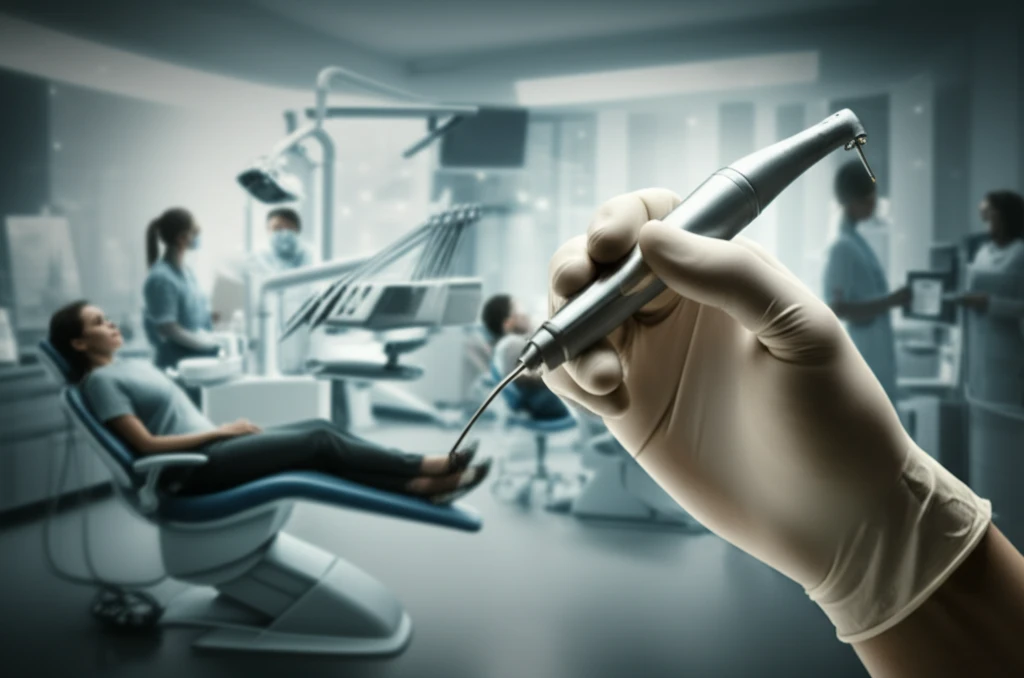 Illustration of a dentist using advanced handpiece technology in a modern dental practice, with patients in the background.