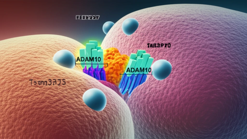 Illustration of the 'dock-and-lock' mechanism in a cell, highlighting the clustering of ADAM10 receptors at cell junctions.