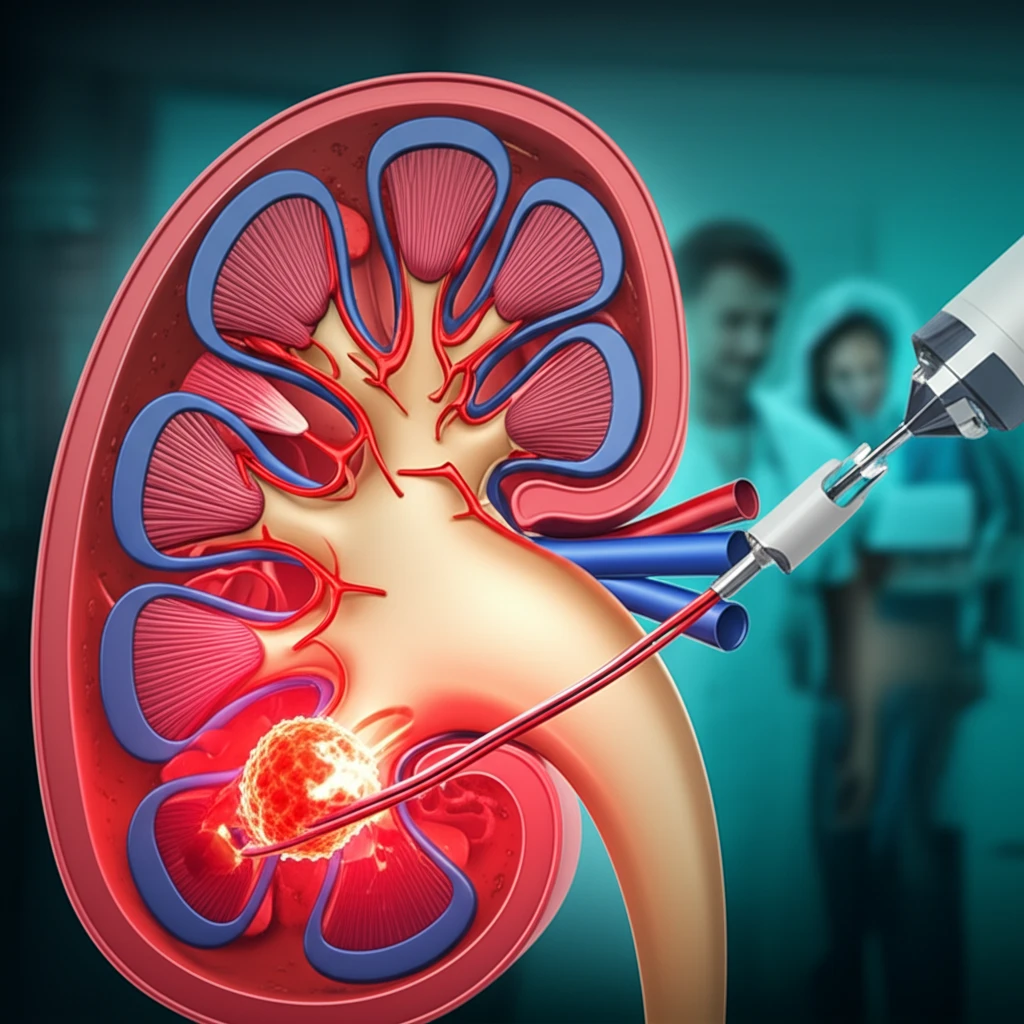 Illustration depicting the AngioJet device, a blood clot, and a kidney to represent the study's findings.