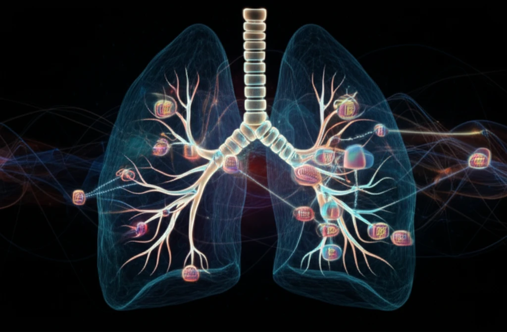 Illustration of a lung cell with interconnected pathways, representing cancer treatment research.