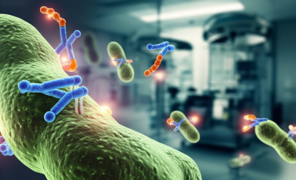 Illustration of ceftolozane-tazobactam targeting Pseudomonas aeruginosa bacteria in a cancer patient's body, symbolizing treatment and hope.
