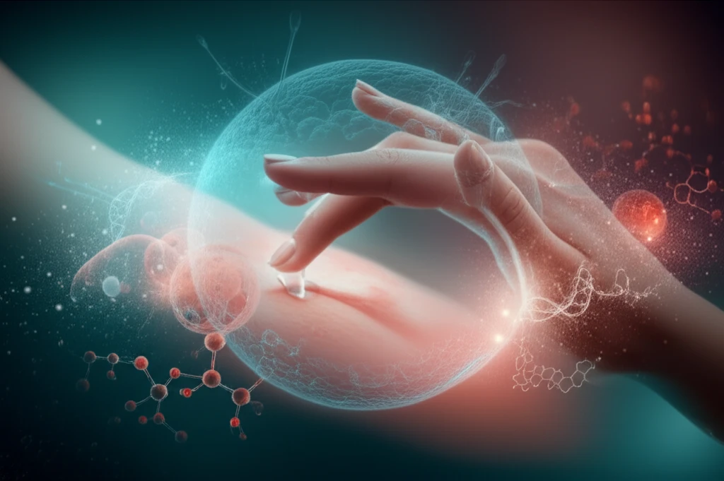 Illustration of a hand applying calcipotriol cream to a skin lesion, symbolizing a gentle, effective treatment.