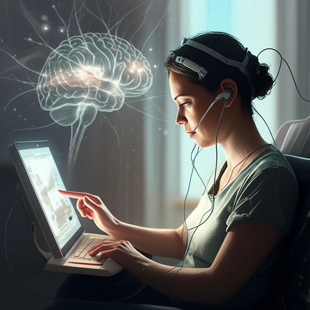 Illustration depicting a person with ALS using an augmentative communication device, symbolizing communication and connection despite physical challenges.