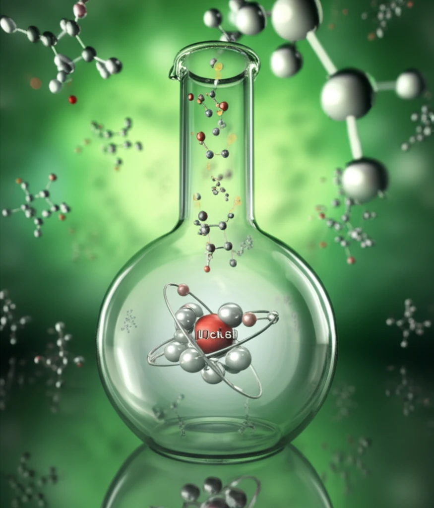A futuristic digital illustration showing a lab flask with molecules forming, a nickel atom, and a green background