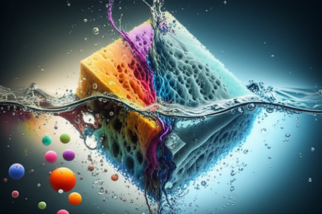 Illustration of aerogel absorbing pollutants from water.