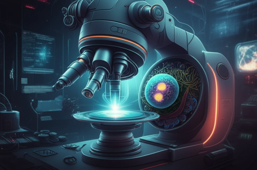 A detailed, futuristic digital illustration of a nanoimaging setup revealing the inner workings of a biological cell.