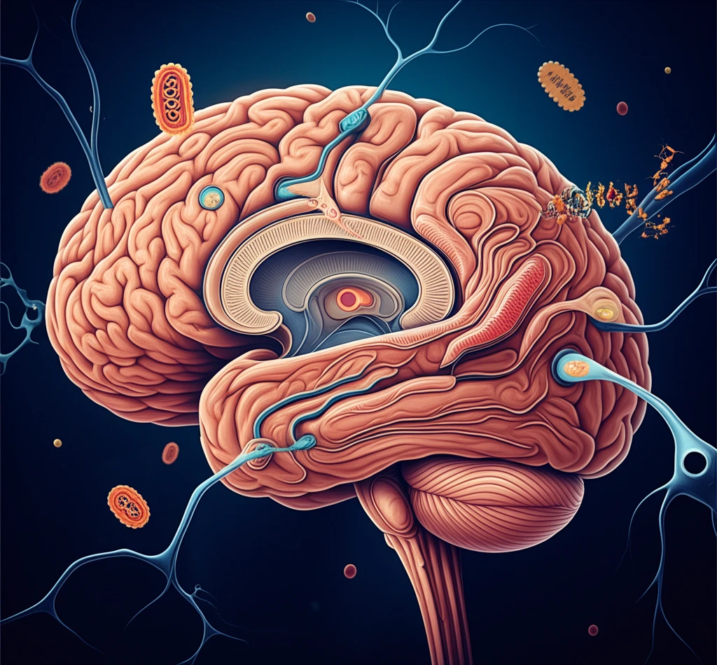 Illustration of alpha-synuclein's impact on neurons and cellular functions, representing the complexities of Parkinson's Disease