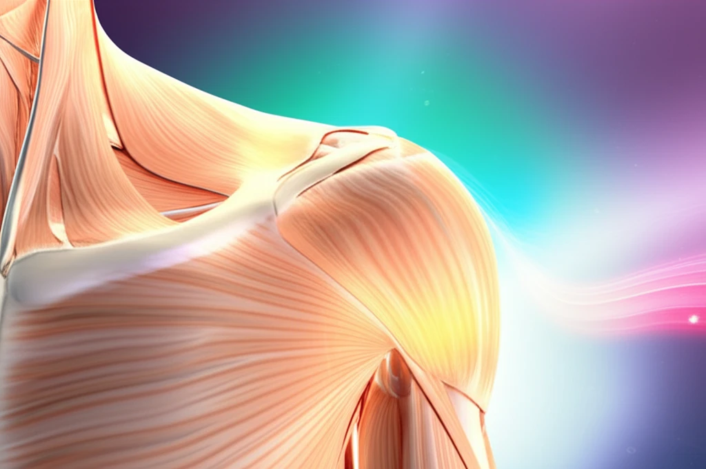 Illustration of a healthy shoulder, highlighting the different parts of the shoulder and surrounding areas.