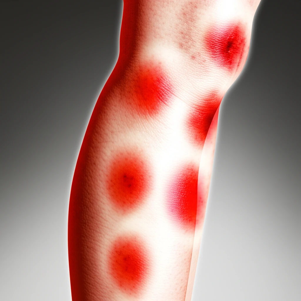 Illustration of multiple erythematous skin lesions exhibiting a pulsating effect on a human leg.