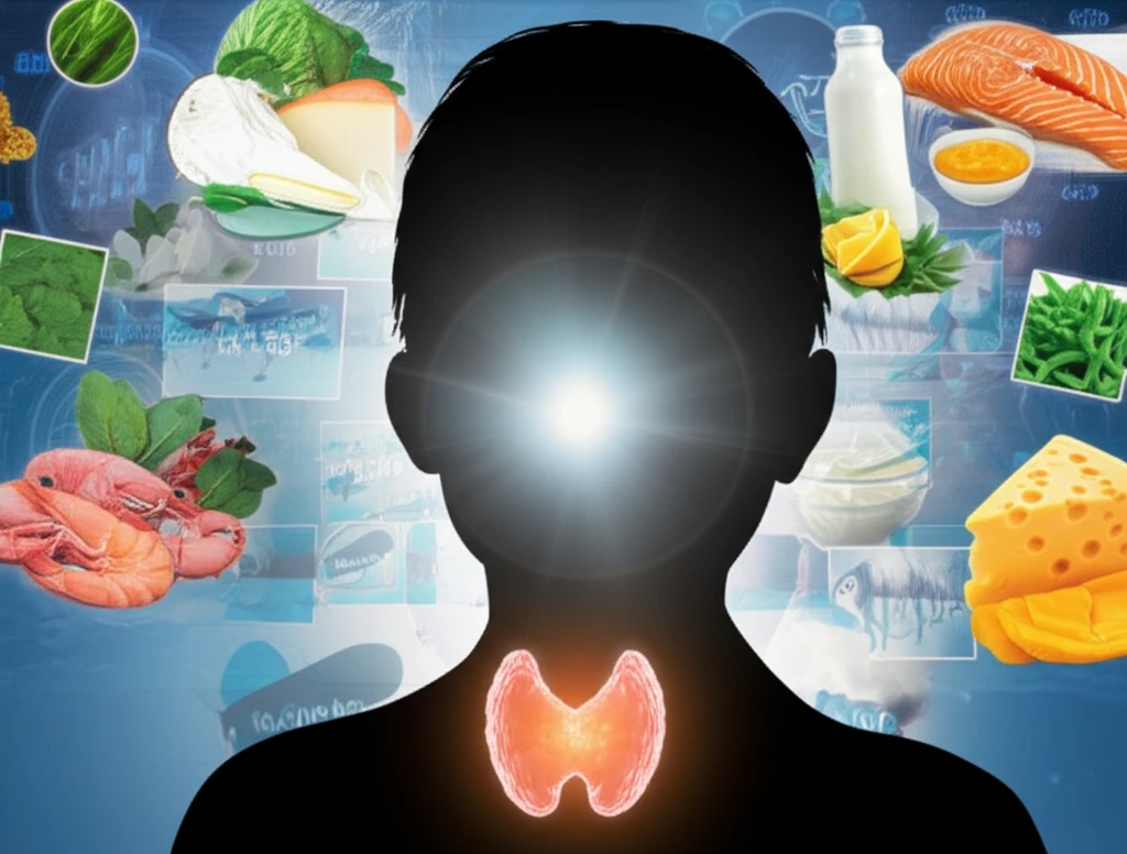 Digital illustration of a child's silhouette with a glowing thyroid gland, representing the benefits of iodine for children's health.