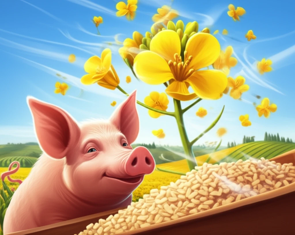 Illustration of a pig eating air-classified canola meal with a canola flower in the background.