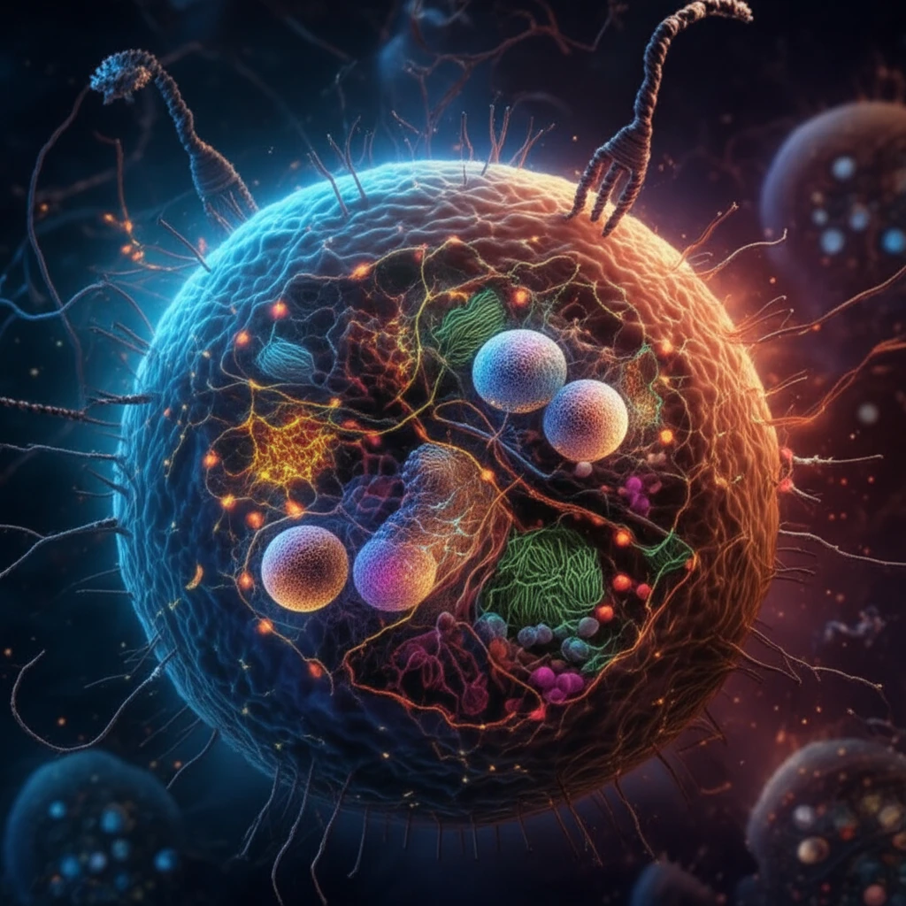 A visually stunning depiction of a cell being analyzed with DNA-PAINT microscopy, showcasing the high-resolution imaging capabilities and the specific targeting of molecules within the cell. The image highlights the futuristic potential of this technology for biomedical research and diagnostics.