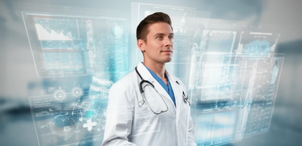 Illustration of a doctor using an Electronic Health Record system, representing the future of healthcare.