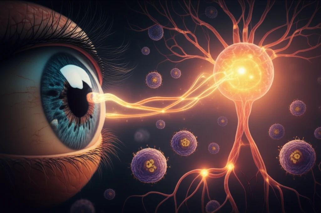 Illustration of an eye with a highlighted optic nerve, with microscopic cells around the eye representing Simvastatin's anti-inflammatory action