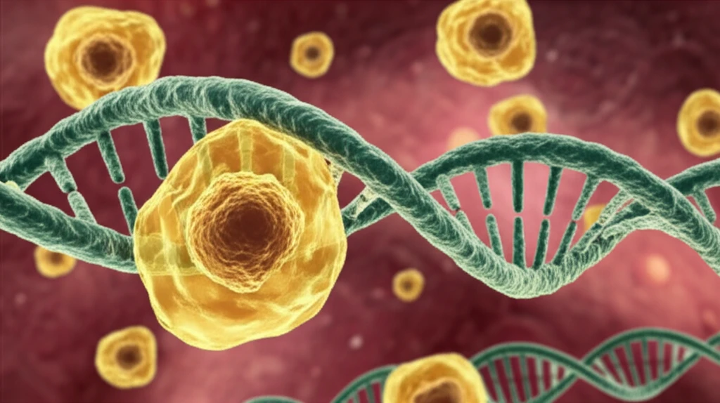 Illustration of AML cells with y-catenin highlighted in gold, symbolizing the potential for targeted therapy.
