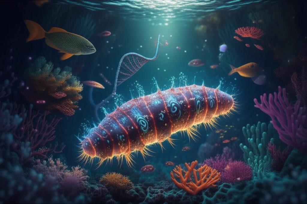 Illustration of a sea cucumber with a DNA helix