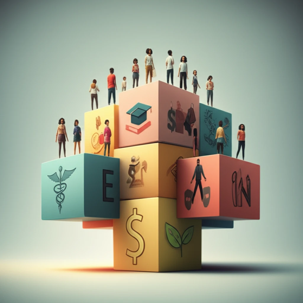 Illustration of interconnected building blocks representing the social determinants of health, supporting a diverse community and symbolizing health and well-being.