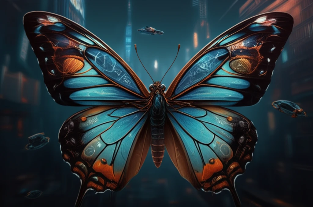 Digital illustration depicting a butterfly with sensors on its wings, and a city in its eyes, merging nature and technology.