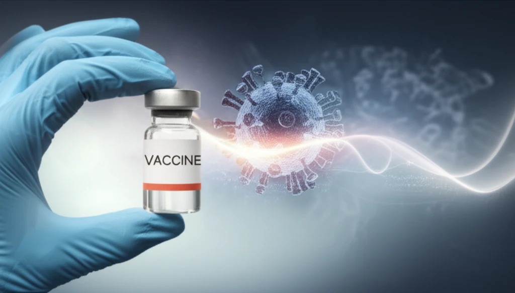 Digital illustration of a vaccine vial with virus particles, representing an RSV vaccine breakthrough
