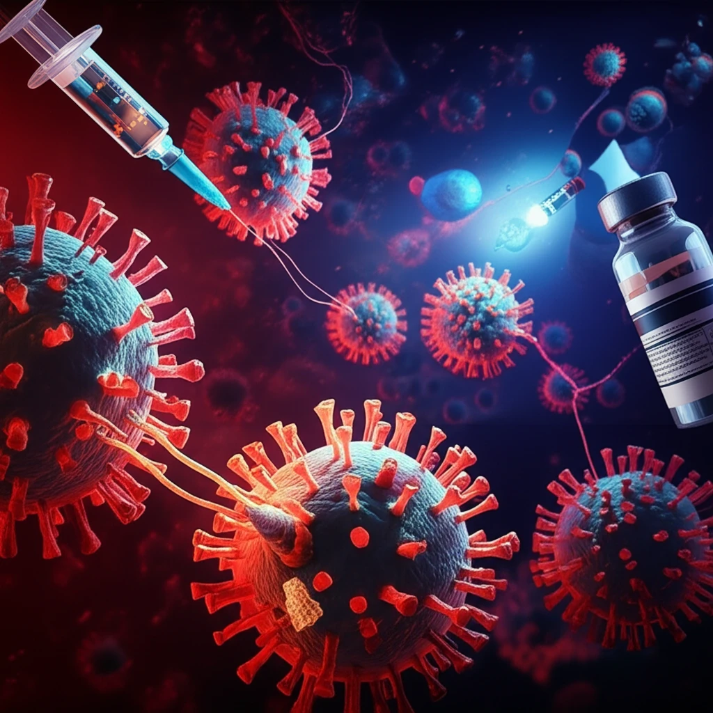 Illustration of T cells attacking influenza virus with historical and modern medical symbols.